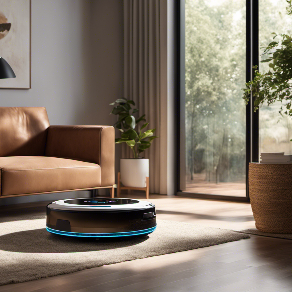 An image showcasing a cozy living room with a strategically placed robotic vacuum silently gliding across the floor, effortlessly collecting pet hair