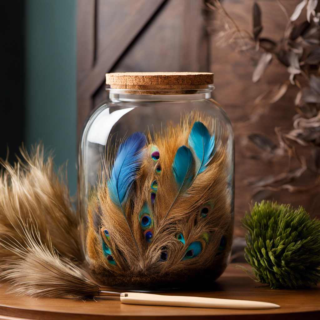 An image capturing a glass jar filled with vibrant strands of pet hair, meticulously sealed with a cork lid