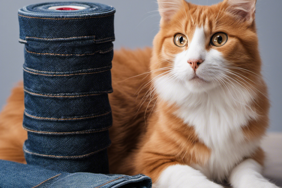 An image showcasing a pair of jeans with a strategically placed pet hair roller nearby