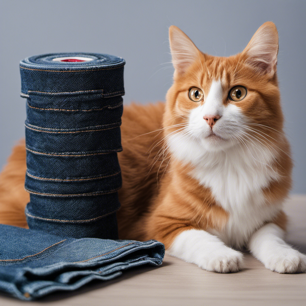 An image showcasing a pair of jeans with a strategically placed pet hair roller nearby