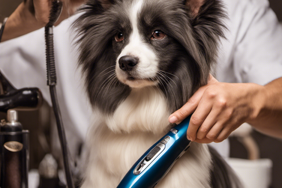 An image showcasing a well-groomed pet being gently shaved by an owner using a professional pet clipper
