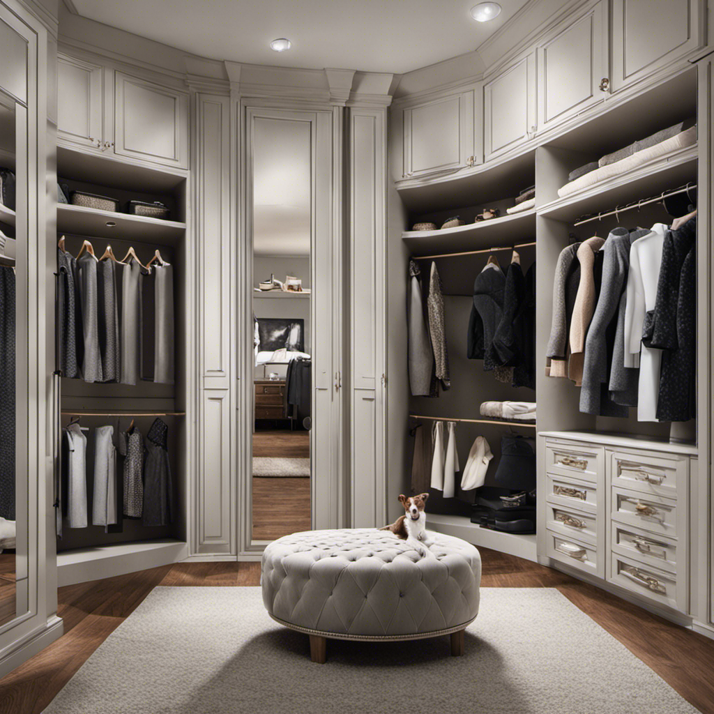 An image capturing a stylish wardrobe with a closed closet, where a lint roller, pet brush, and anti-static spray sit nearby, alongside a clean outfit untouched by any visible pet hair
