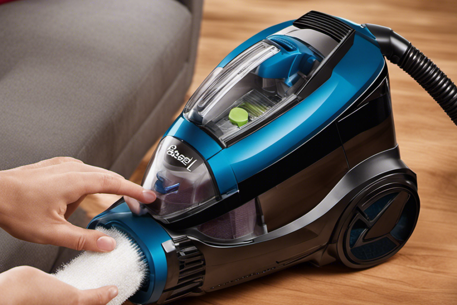 An image showcasing a step-by-step visual guide of reattaching the filter onto the Bissell Pet Hair Eraser vacuum cleaner
