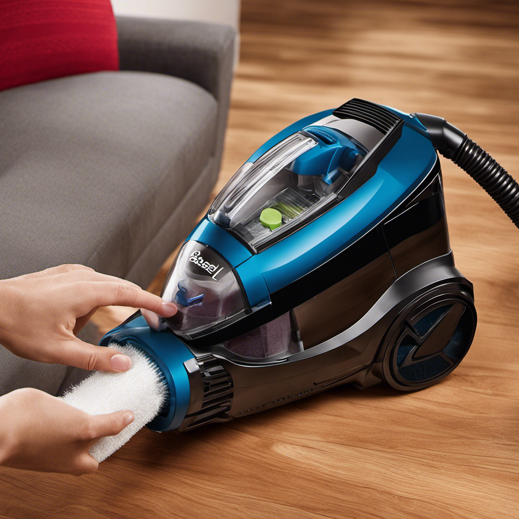 An image showcasing a step-by-step visual guide of reattaching the filter onto the Bissell Pet Hair Eraser vacuum cleaner