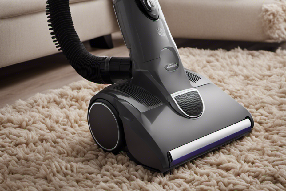 An image that showcases a person using a handheld vacuum with strong suction power to effortlessly remove pet hair from a plush couch, leaving it spotless and hair-free