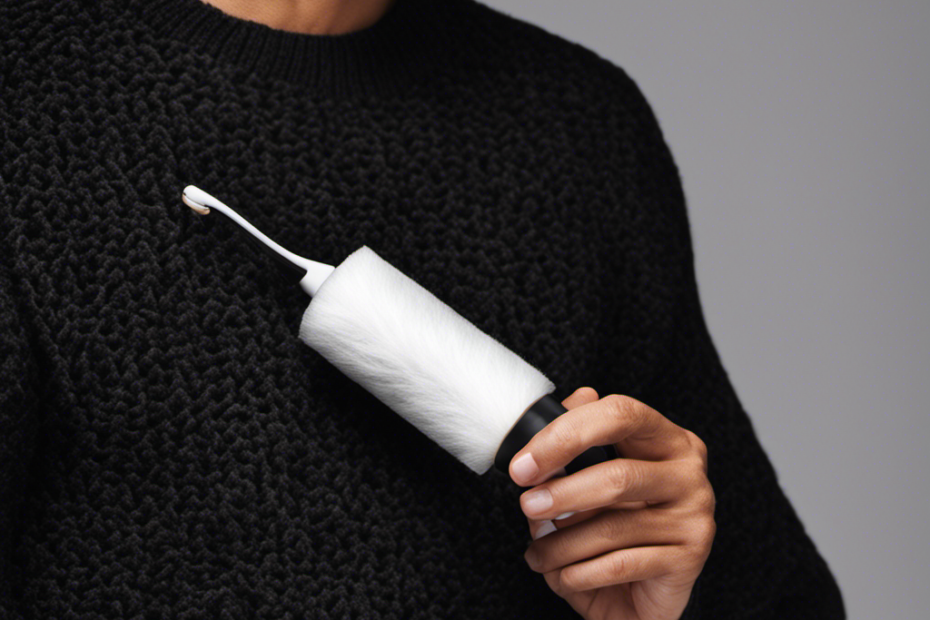 An image showcasing a close-up of a hand holding a lint roller, rolling it across a black sweater covered in pet hair