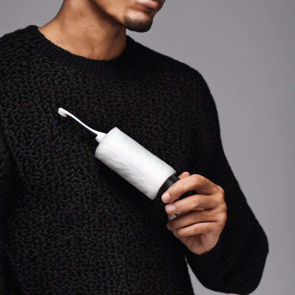 An image showcasing a close-up of a hand holding a lint roller, rolling it across a black sweater covered in pet hair