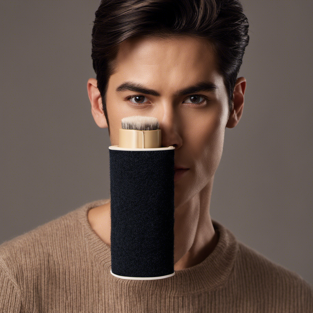 An image showcasing a person holding a lint roller, swiftly rolling it over a dark-colored sweater covered in pet hair