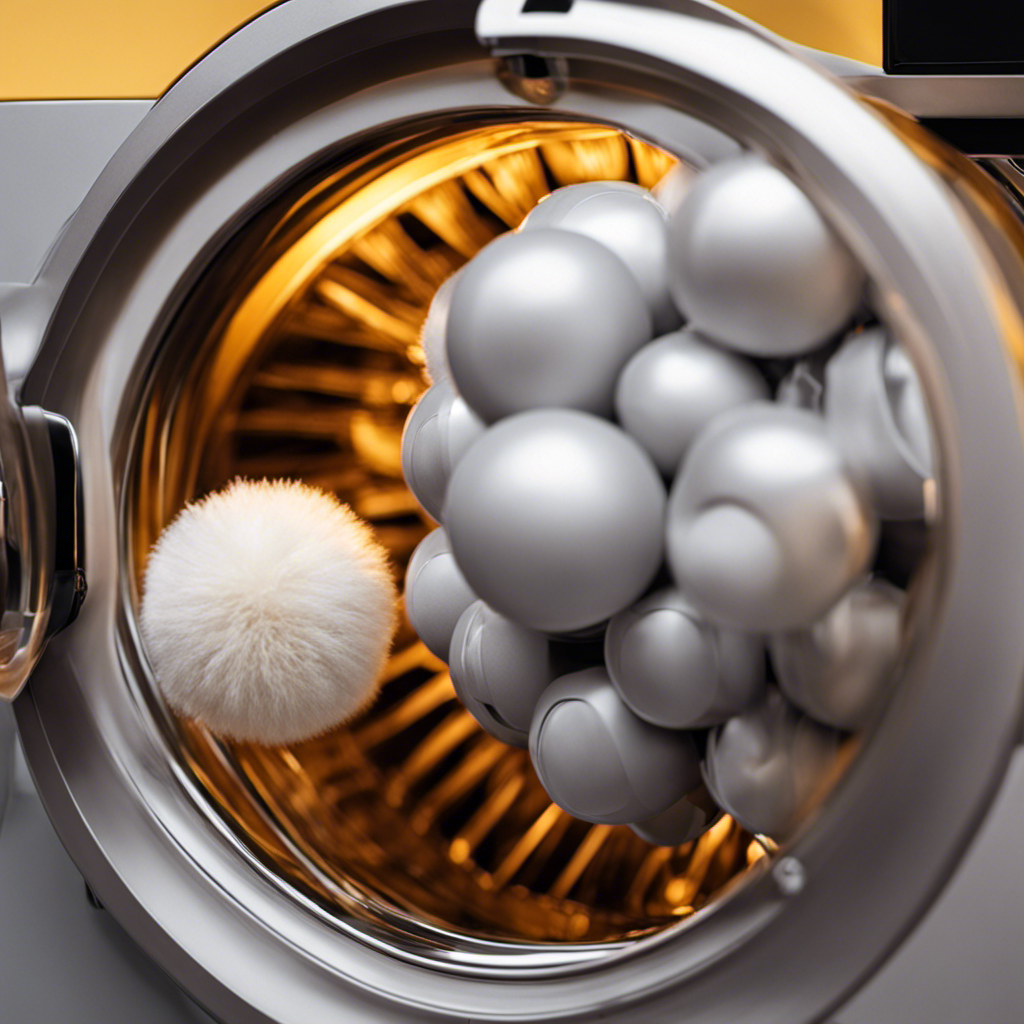 An image capturing the process of recharging pet hair dryer balls: hands placing the balls in a dryer, setting the temperature to low, and plugging it in
