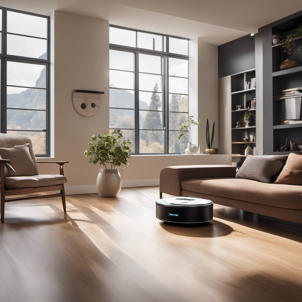 An image showcasing a pristine living room with a sleek, robot vacuum effortlessly gliding across the floor, capturing every speck of dust and pet hair