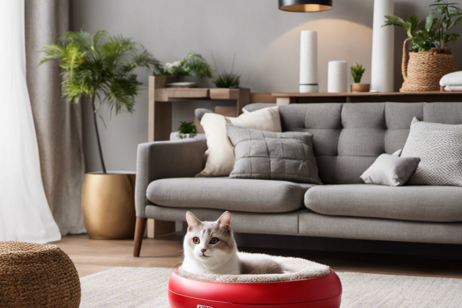 An image showcasing a serene living room with a cozy cat bed, strategically placed lint roller, a stylish vacuum cleaner, and a brush tucked neatly in a corner, demonstrating effective ways to minimize pet hair in a cat household
