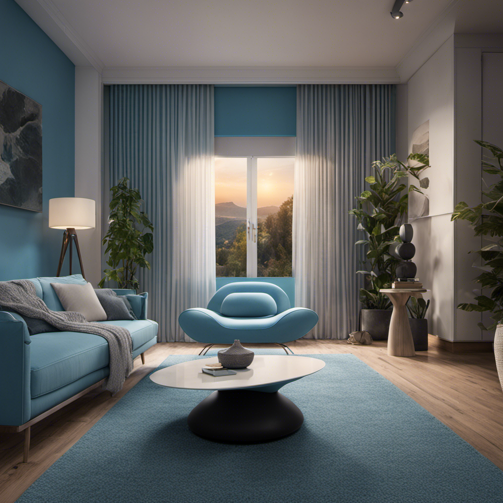 An image depicting a serene living room with a modern air purifier gently humming in the corner, capturing microscopic pet hair particles in a soft blue glow, while a contented pet lounges nearby