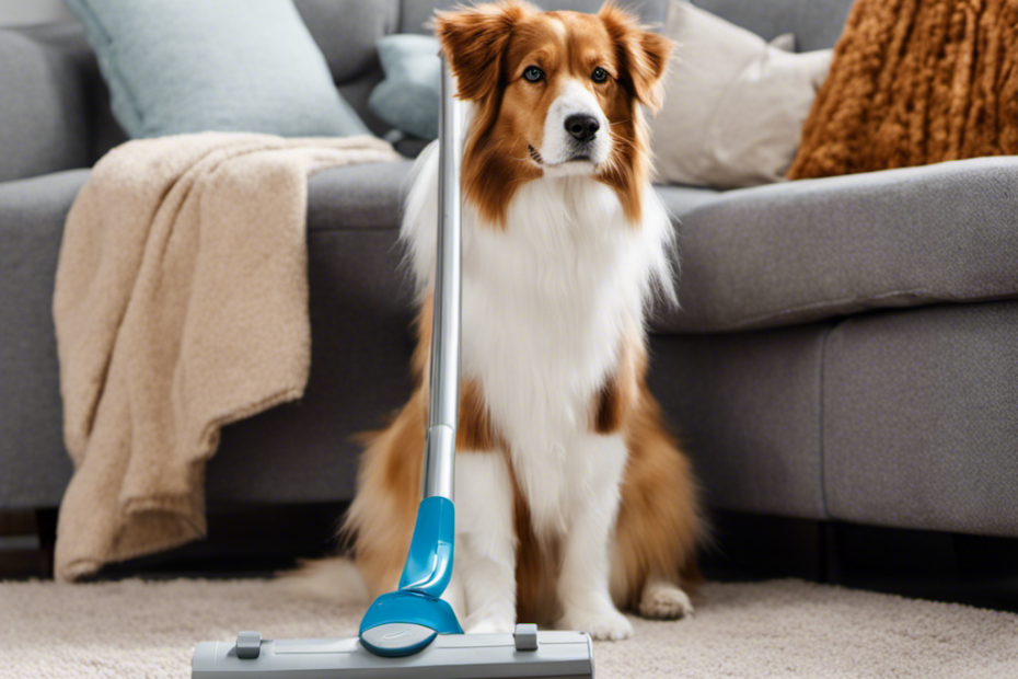 An image showing a well-groomed pet sitting on a vacuumed carpet, with a lint roller nearby