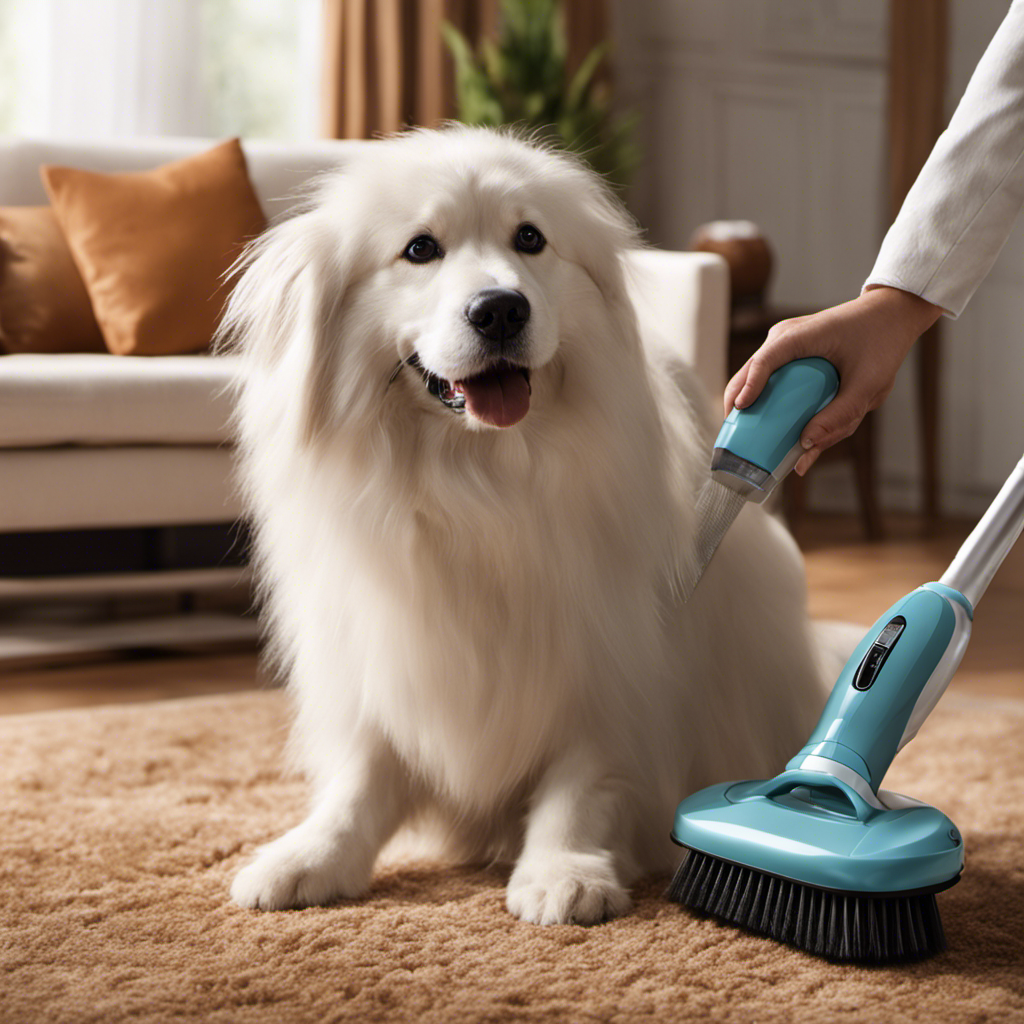 An image showcasing a hand holding a specially designed pet brush, gently removing loose fur from a fluffy dog's coat