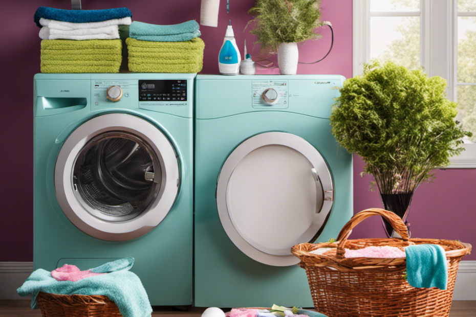 An image showcasing a vibrant laundry room scene, with a colorful basket overflowing with clothes covered in copious amounts of pet hair
