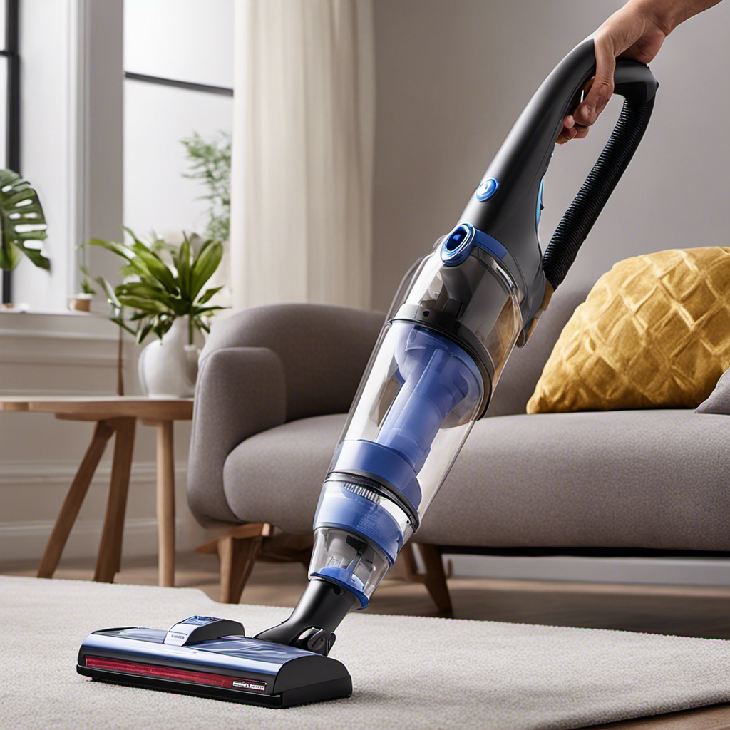 An image showcasing a hand-held vacuum cleaner with a powerful suction nozzle, expertly gliding over a plush couch