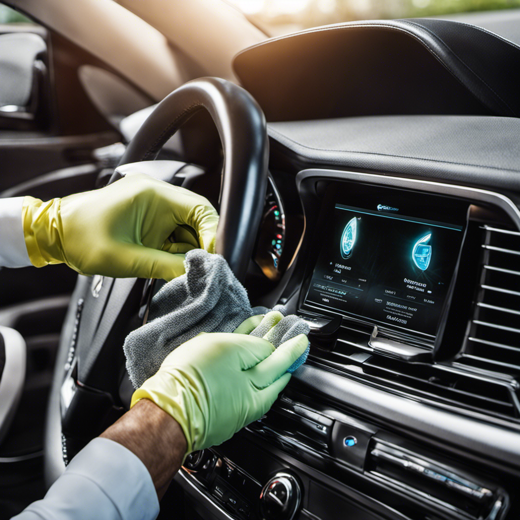 An image showcasing a gloved hand gently wiping off microscopic pet hair from a car's interior using a specialized microfiber cloth, with sunlight streaming through the windows, illuminating the task
