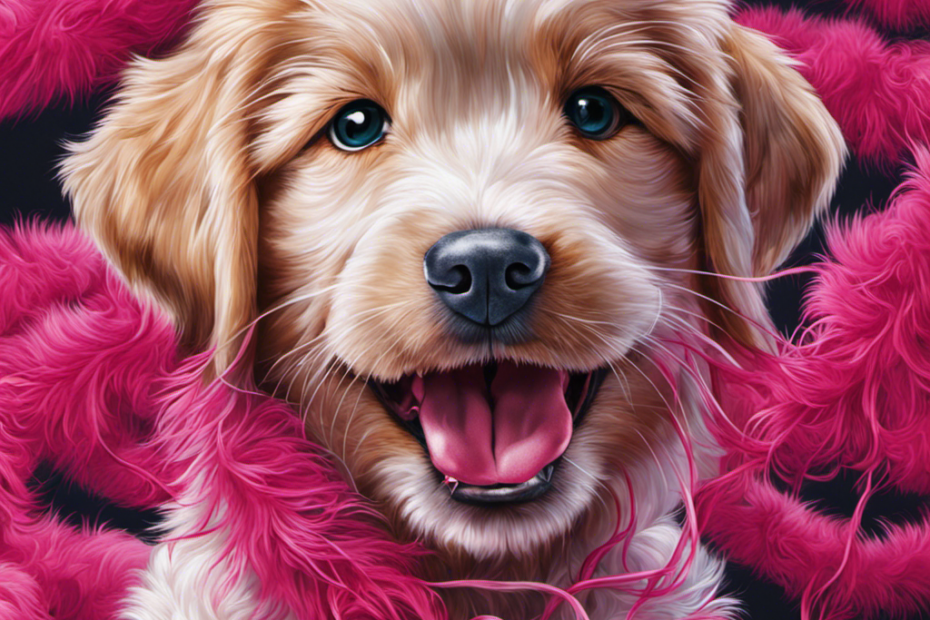 An image showcasing a playful puppy with a mischievous expression, tangled in vibrant pink gum strands