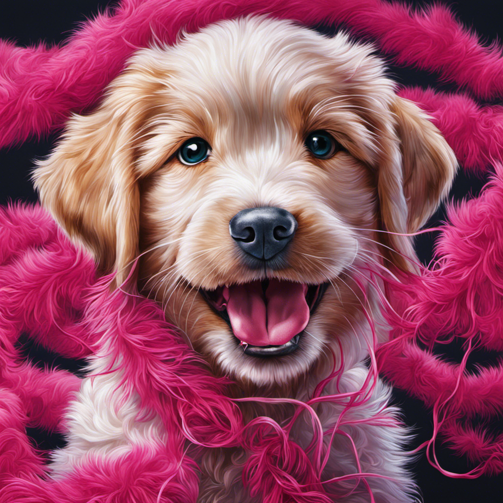 An image showcasing a playful puppy with a mischievous expression, tangled in vibrant pink gum strands