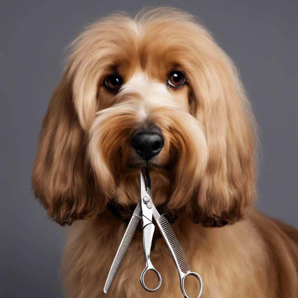 An image showcasing a pair of grooming scissors delicately snipping through tangled, matted fur