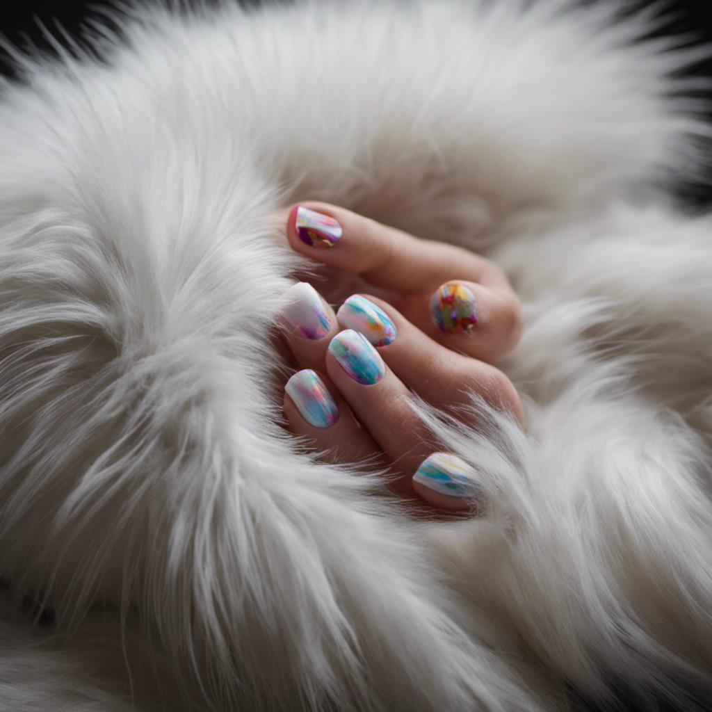 -up image of a hand gently holding a soft, fluffy, white cat's paw, with remnants of colorful nail polish smudged on the fur