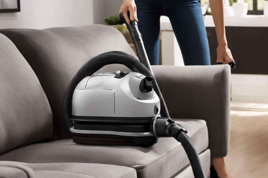 An image featuring a person effortlessly gliding an upholstery vacuum accessory over a plush sofa, capturing every strand of pet hair
