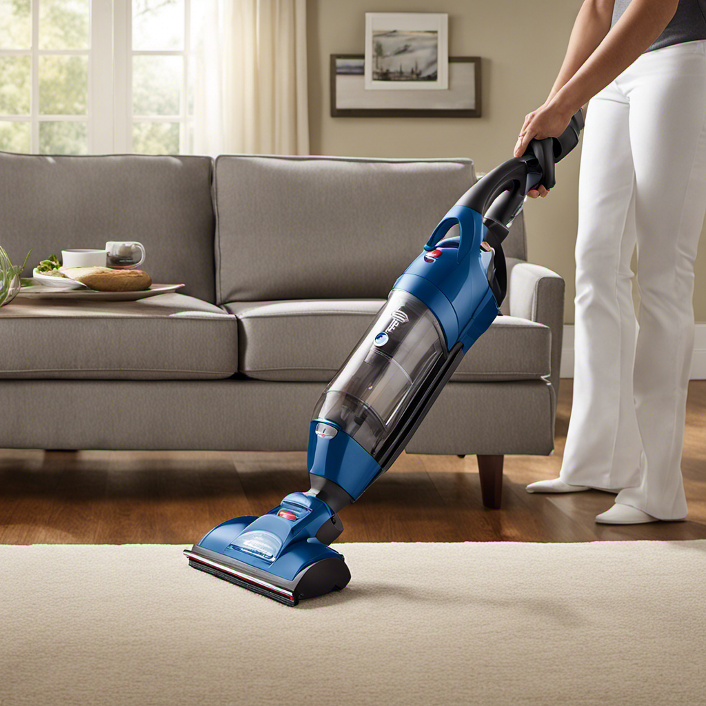 An image showcasing a handheld upholstery vacuum accessory, gliding effortlessly over a plush sofa, effortlessly sucking up pet hair