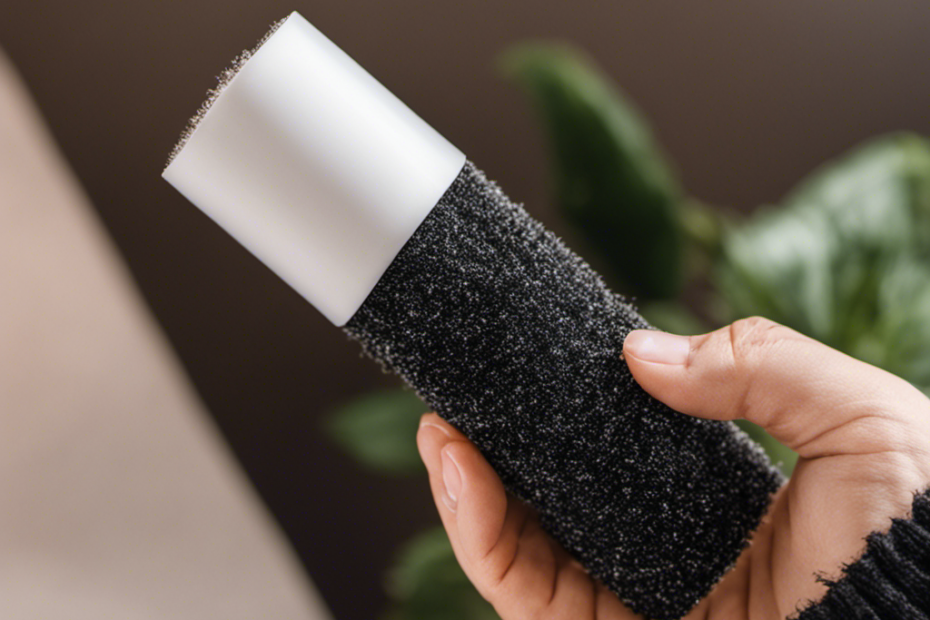 An image featuring a hand holding a lint roller, meticulously rolling it over a black sweater covered in an abundance of pet hair