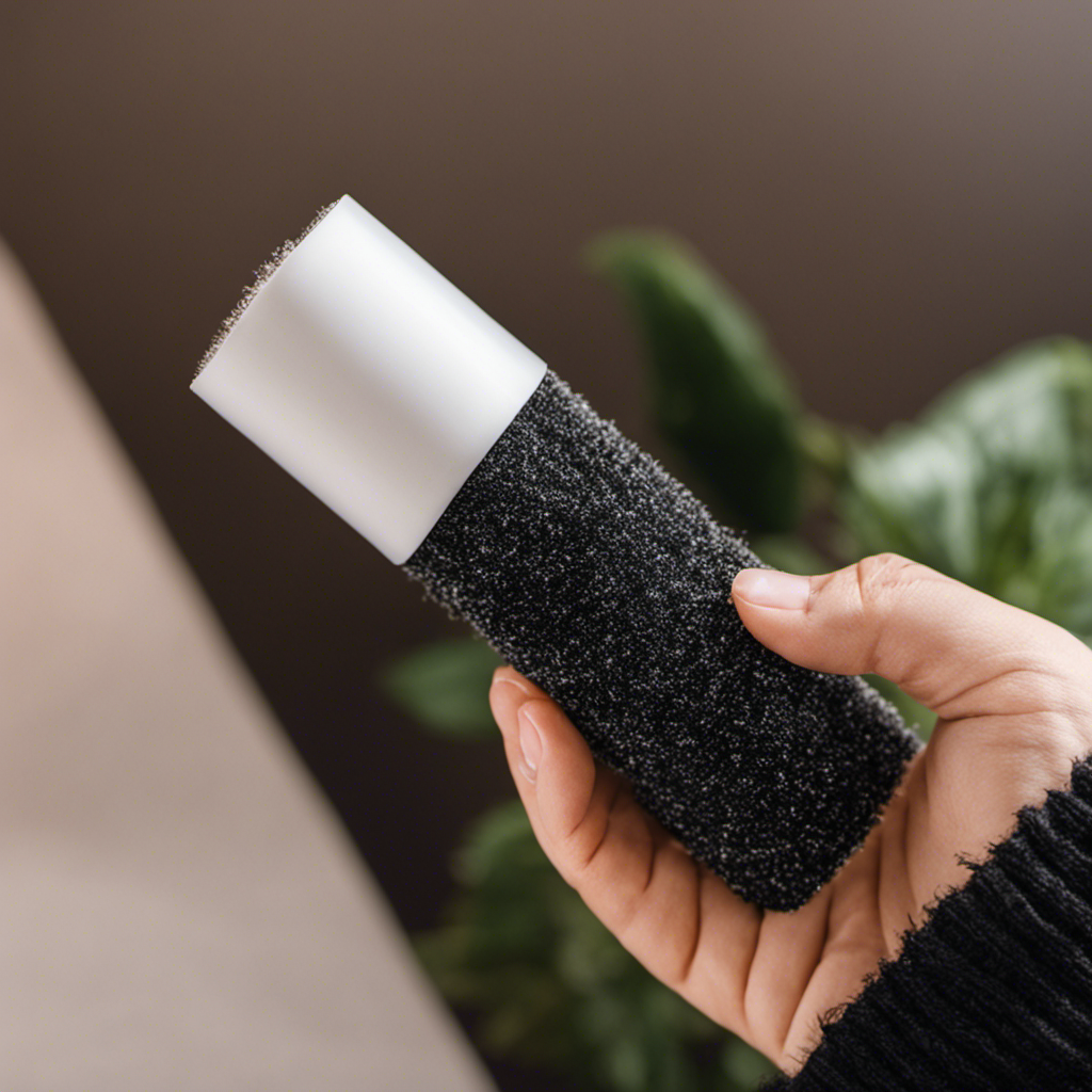 An image featuring a hand holding a lint roller, meticulously rolling it over a black sweater covered in an abundance of pet hair