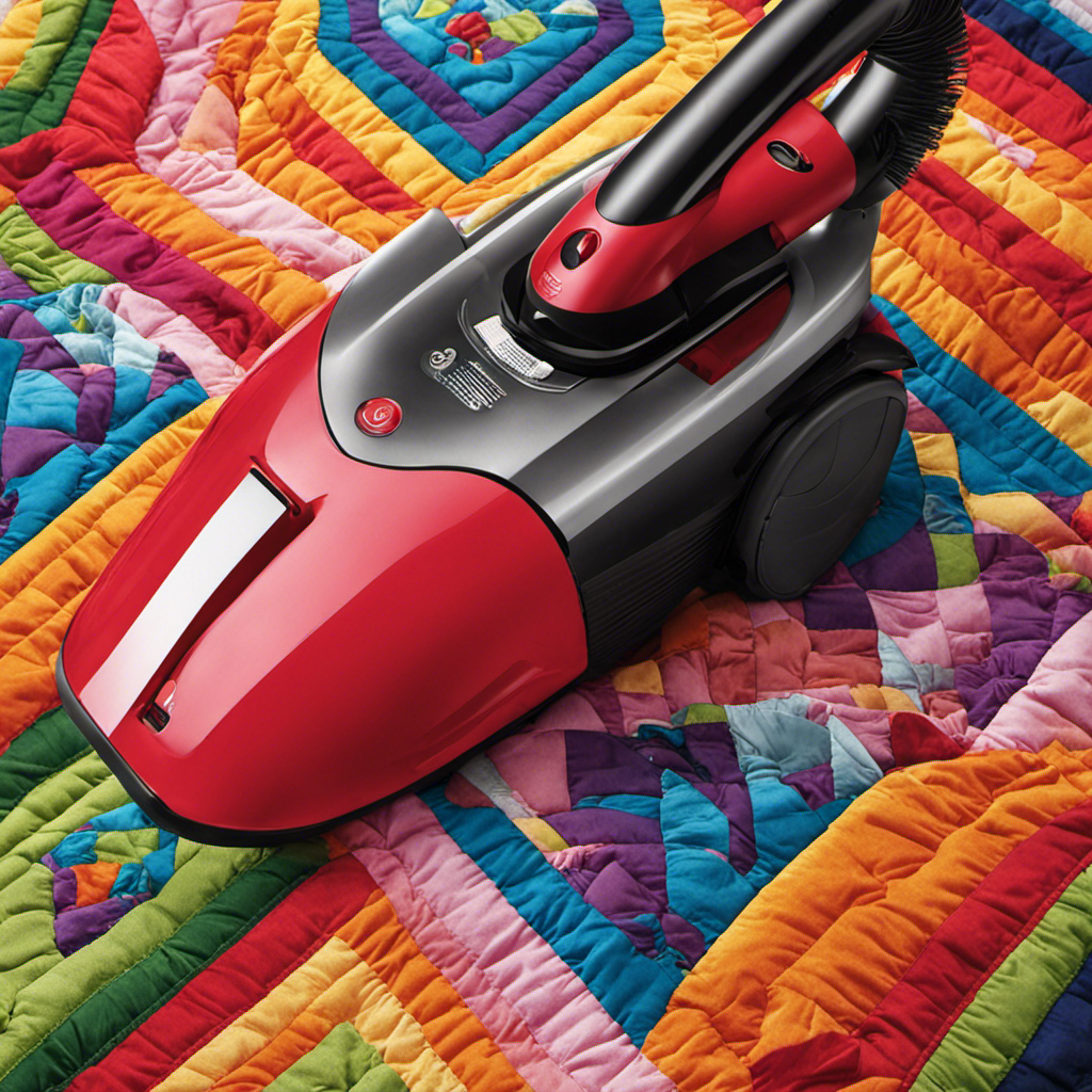 An image showing a hand-held vacuum cleaner with a rotating brush gently gliding over a quilt, effectively sucking up stray pet hairs