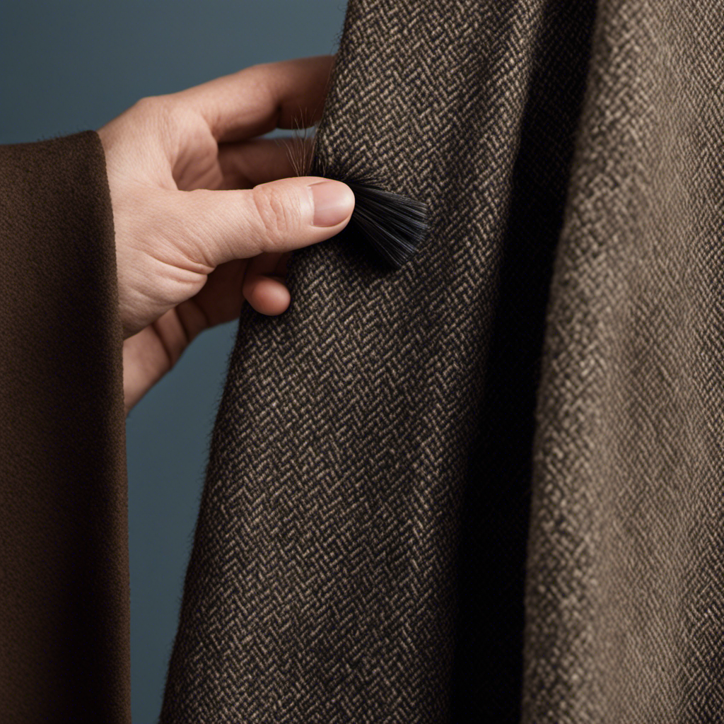 An image of a hand wearing a wool coat, delicately brushing off pet hair with a lint roller
