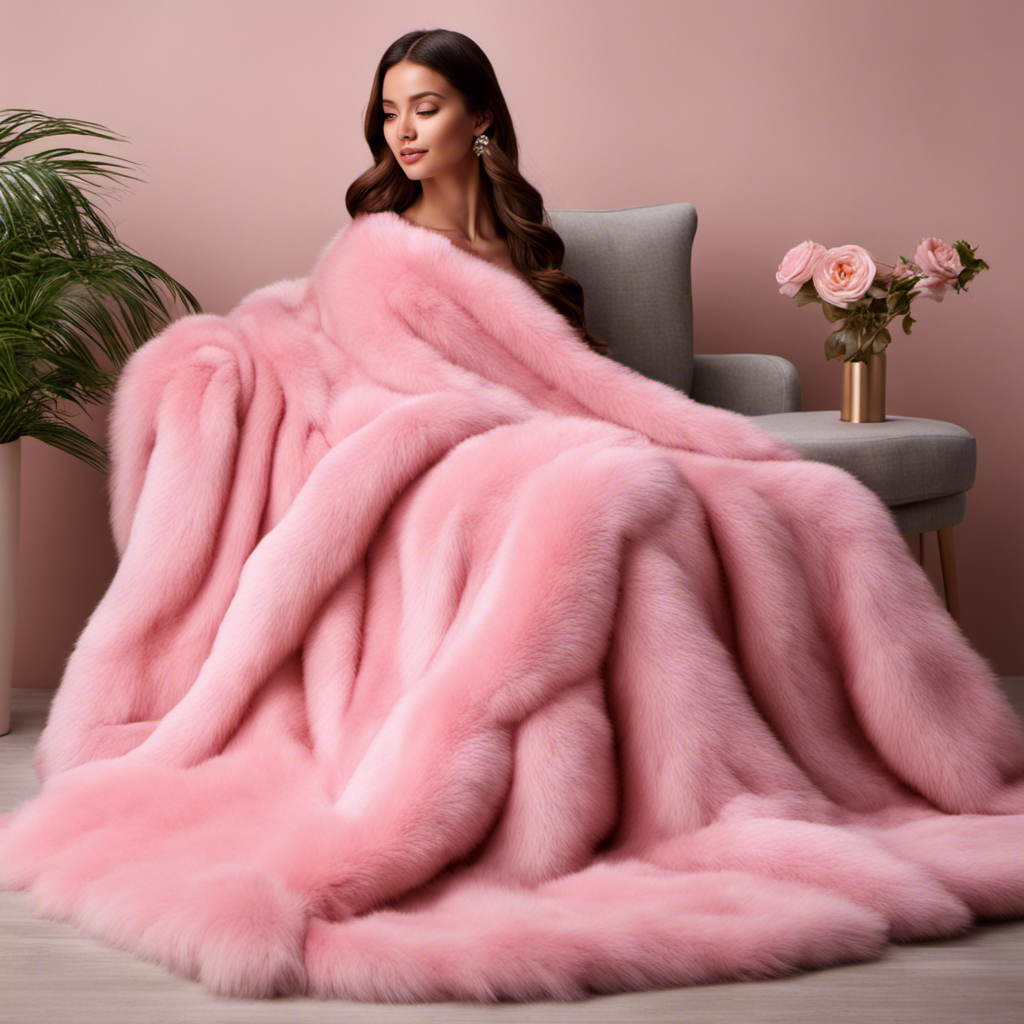 An image showcasing a pair of delicate, pastel pink acrylic blankets being gently brushed with a specialized pet hair removal tool, effortlessly lifting off clumps of fur, revealing a pristine, fur-free surface