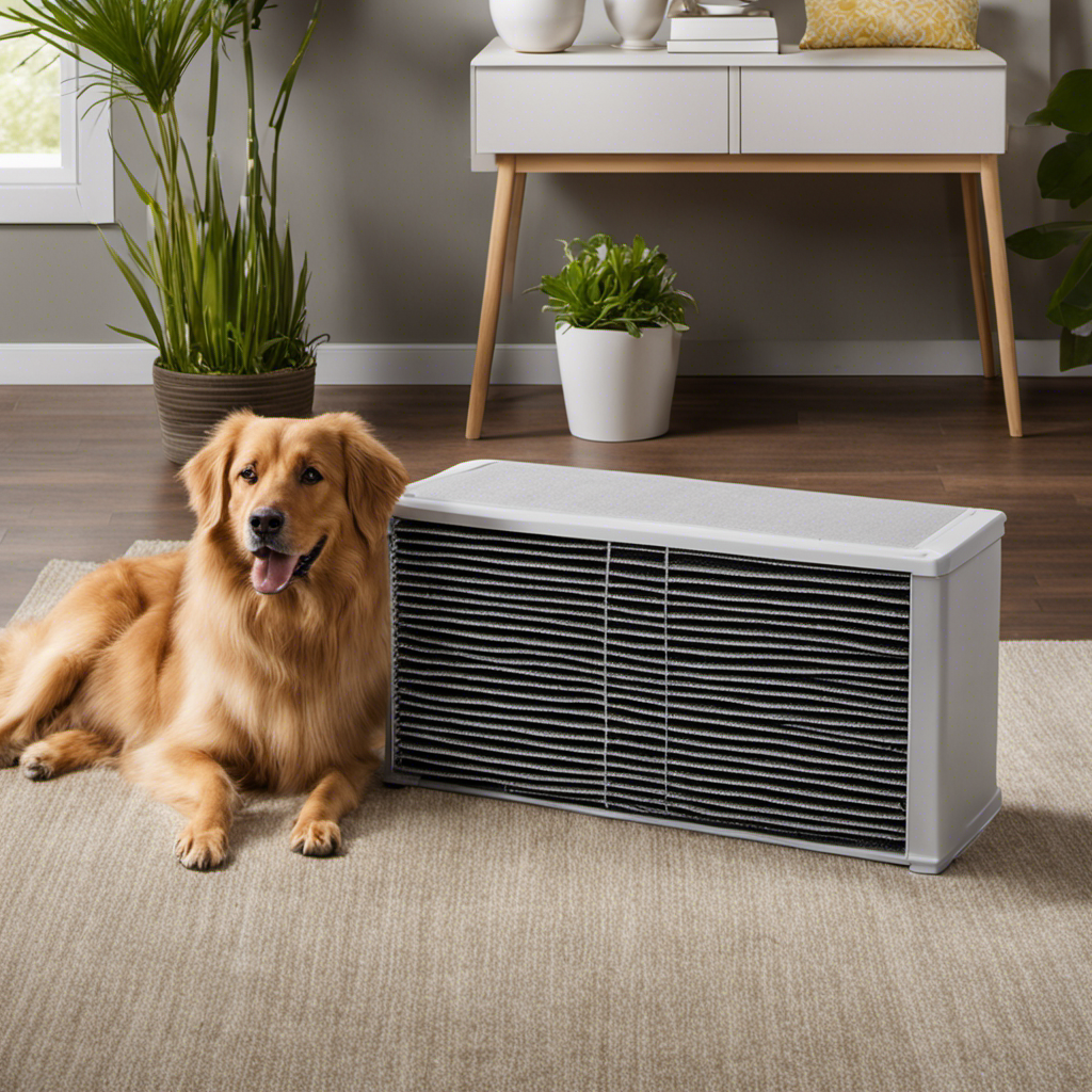 An image that showcases an air cleaner filter covered in a thick layer of pet hair