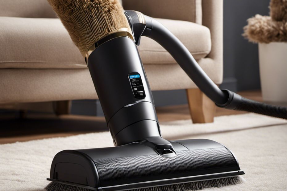 An image showcasing a close-up of a hand holding a vacuum cleaner with a pet hair-covered air filter attached