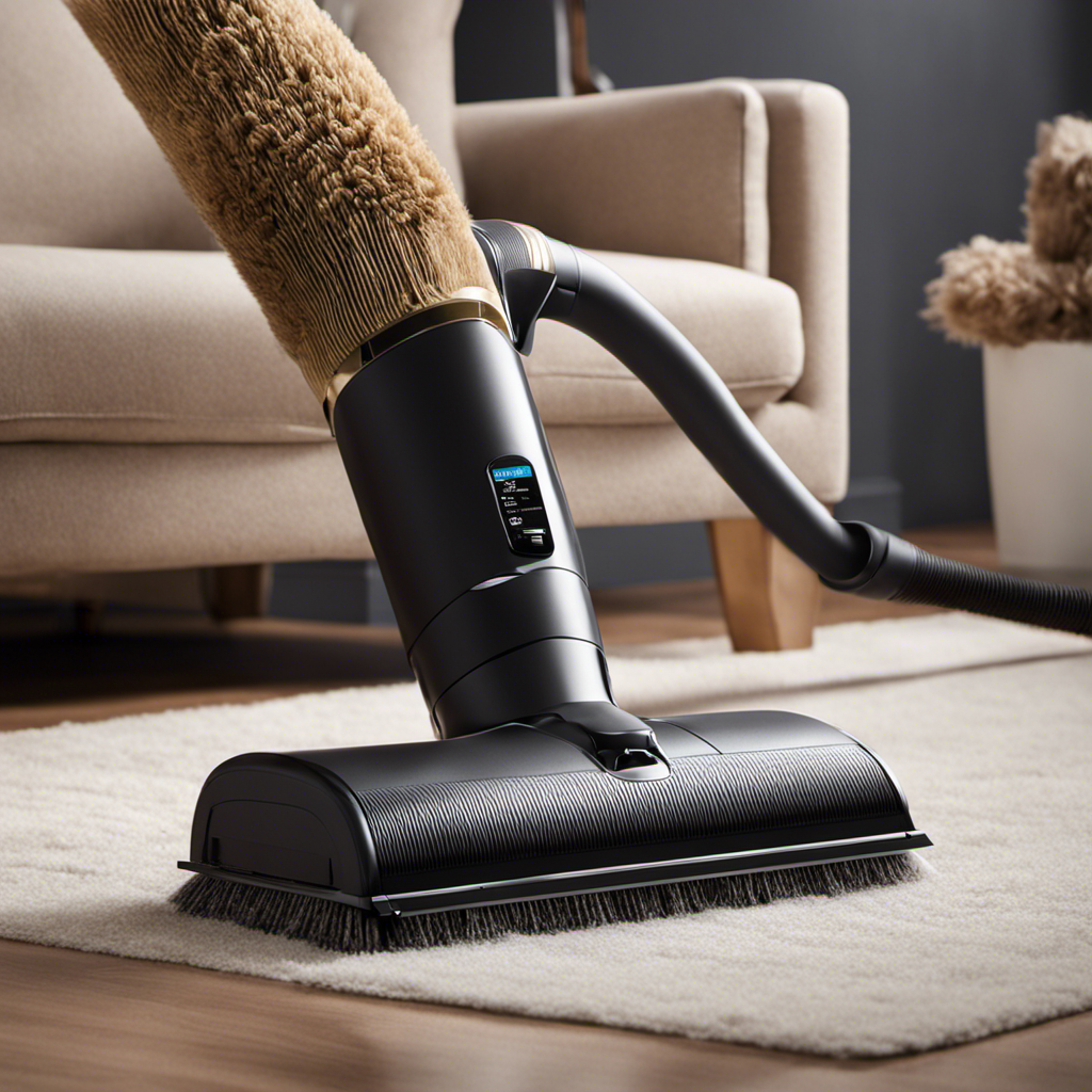 An image showcasing a close-up of a hand holding a vacuum cleaner with a pet hair-covered air filter attached