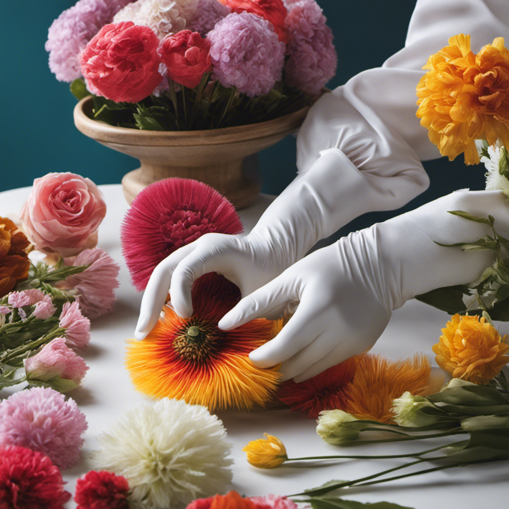 An image depicting a pair of gloved hands delicately brushing artificial flowers, capturing the intricate details of the petals and vibrant colors, as pet hair is gently lifted and removed
