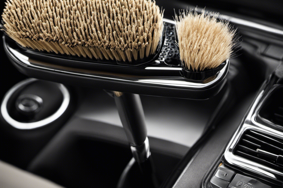 An image capturing a close-up view of a car seat covered in stubborn pet hair, with a hand holding a specialized pet hair removal brush gently sweeping away the tangled strands