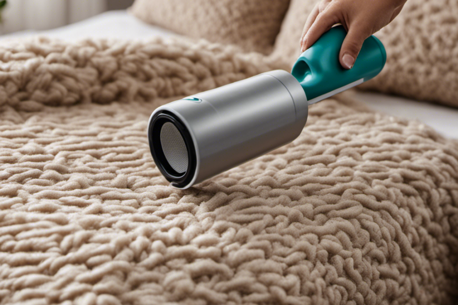 An image showcasing a person using a lint roller to effortlessly remove pet hair from a cozy bedspread