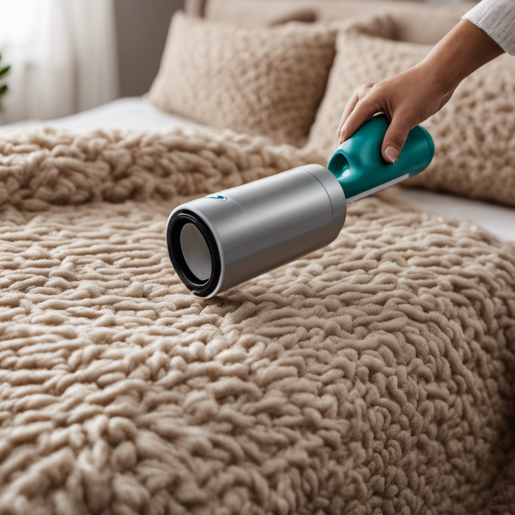 An image showcasing a person using a lint roller to effortlessly remove pet hair from a cozy bedspread