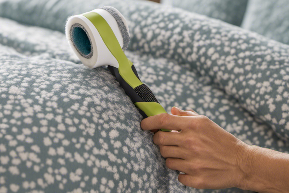 An image showing a close-up of a hand using a lint roller to remove pet hair from a cozy, patterned bedding set