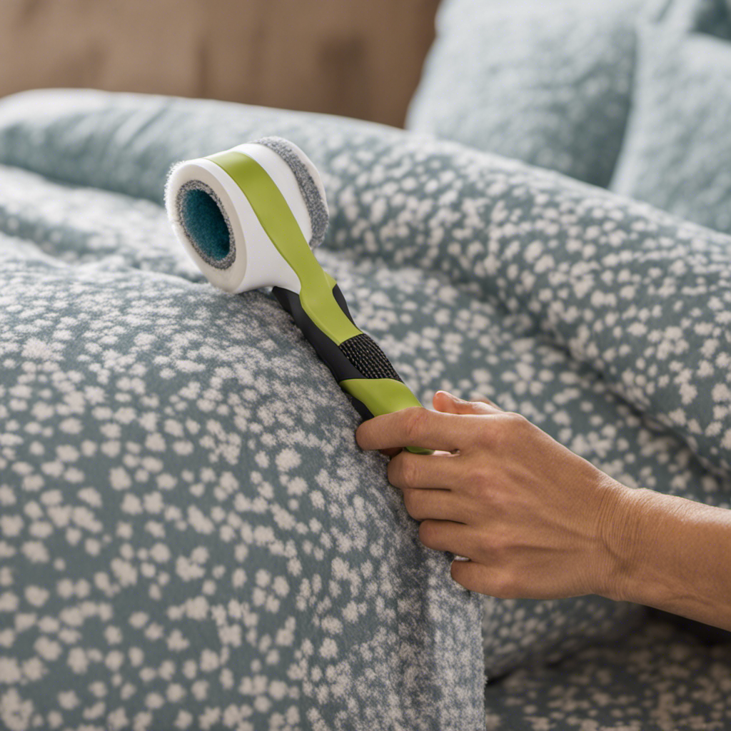 An image showing a close-up of a hand using a lint roller to remove pet hair from a cozy, patterned bedding set