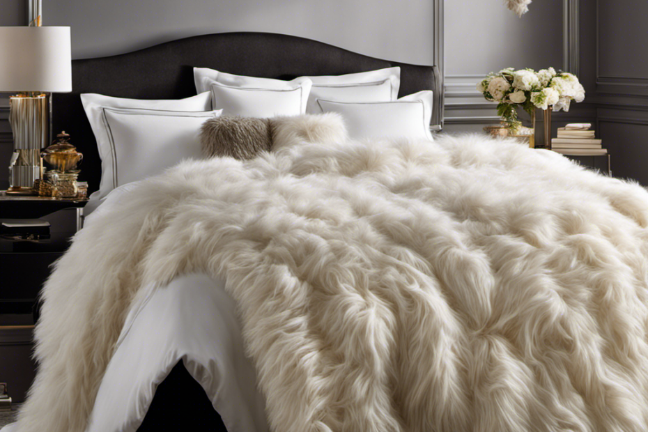 An image showcasing a fluffy white comforter covered in vibrant pet hair