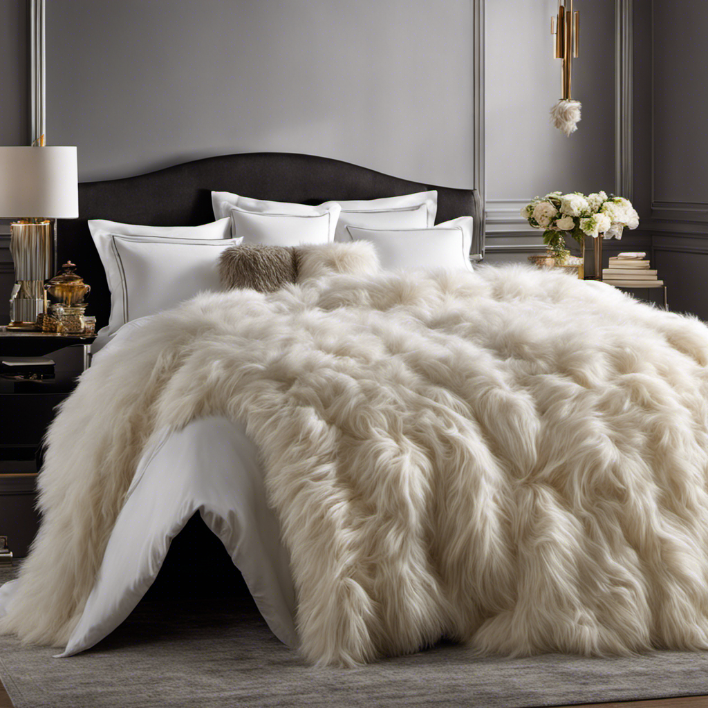 An image showcasing a fluffy white comforter covered in vibrant pet hair