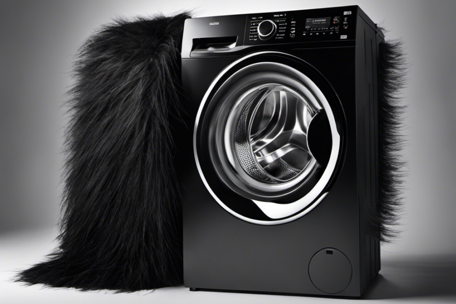 E of a washing machine filled with black clothes, covered in pet hair