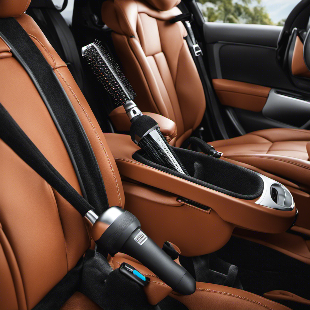 -up shot of a car seat with an array of tools and accessories specifically designed for removing pet hair, including a lint roller, rubber grooming brush, and a handheld vacuum