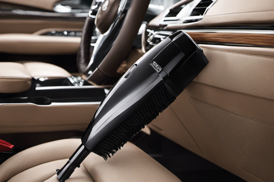 An image showcasing a hand-held vacuum cleaner with a specialized pet hair attachment, effortlessly extracting stubborn pet hair from car upholstery