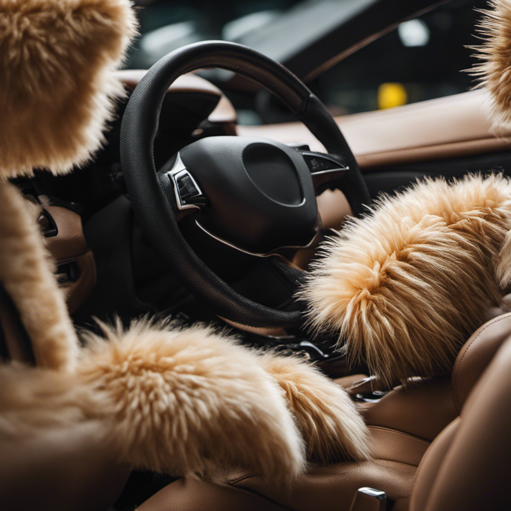 An image showcasing a pair of rubber gloves covered in pet hair, gently peeling off fur from a car seat