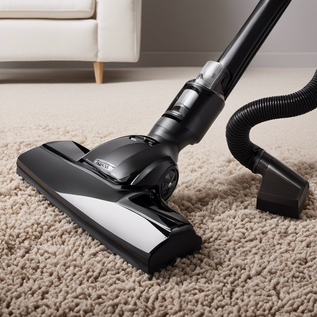 An image showcasing a vacuum cleaner with a rotating brush head effectively removing pet hair from a plush carpet