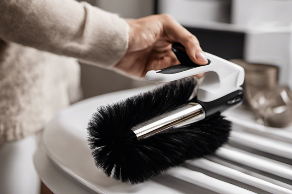 An image showcasing a hand-held lint roller swiping across a black sweater covered in white pet hair