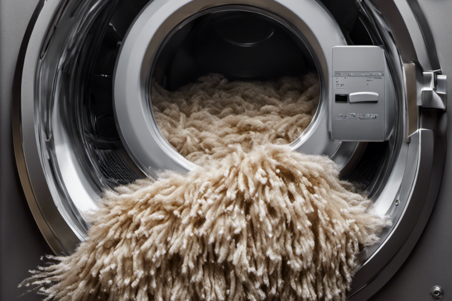 An image showcasing a washing machine filled with clothes covered in pet hair